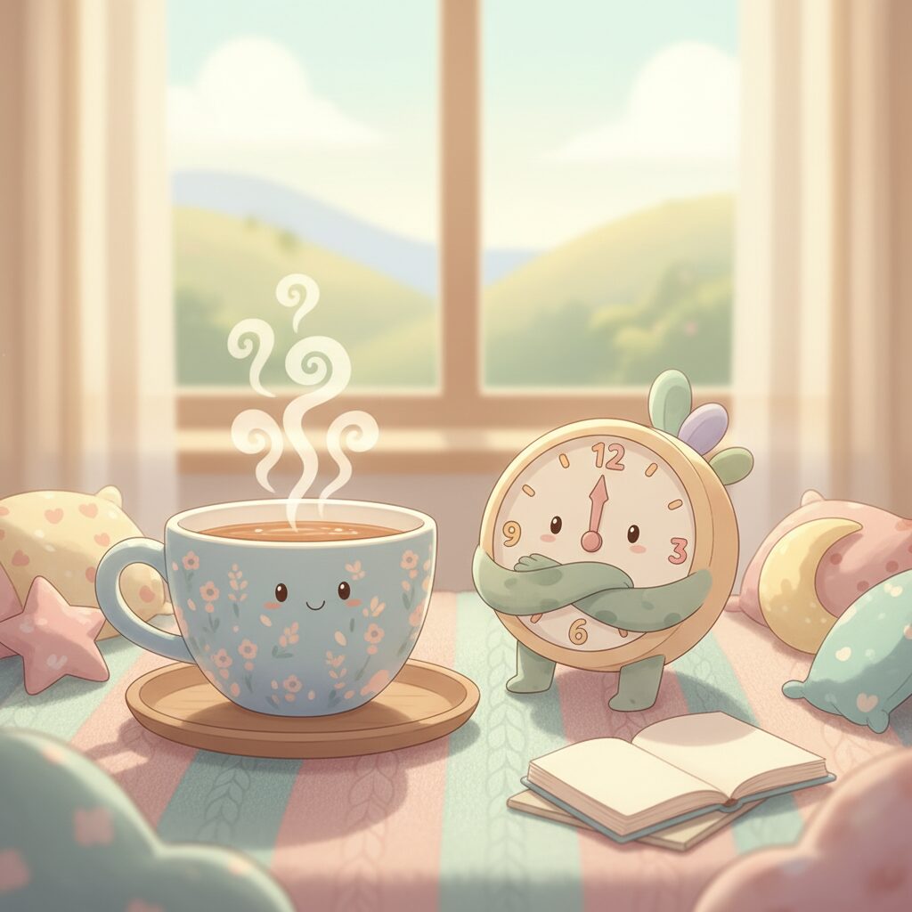 可愛らしいティーカップとフレンドリーな時計がある居心地の良い風景、辛抱強く待ってリラックスする様子、パステルカラー