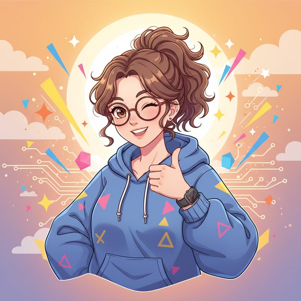 安心させるように親指を立ててウィンクしている、かわしょーのような元気な女性テックブロガー、キラキラしたエフェクト、アニメ風、エネルギッシュな色合い