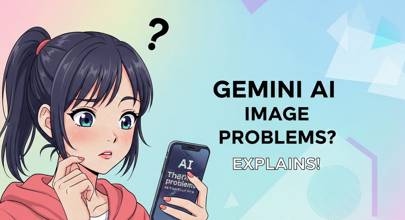 文字化けしたり画質が落ちたりしているGeminiの画像生成について、心配そうにスマホを見ている可愛い女の子と、困った様子のGeminiのキャラクター