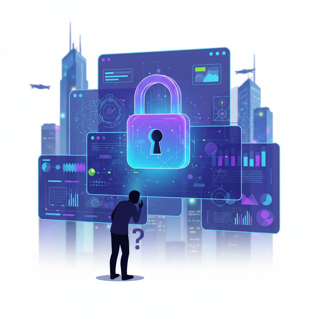 洗練されたAIモデルのインターフェース上に光るデジタルの南京錠。手前には困惑したユーザーのシルエットがあり、高度なAIへのアクセス制限を象徴する未来的な情景。