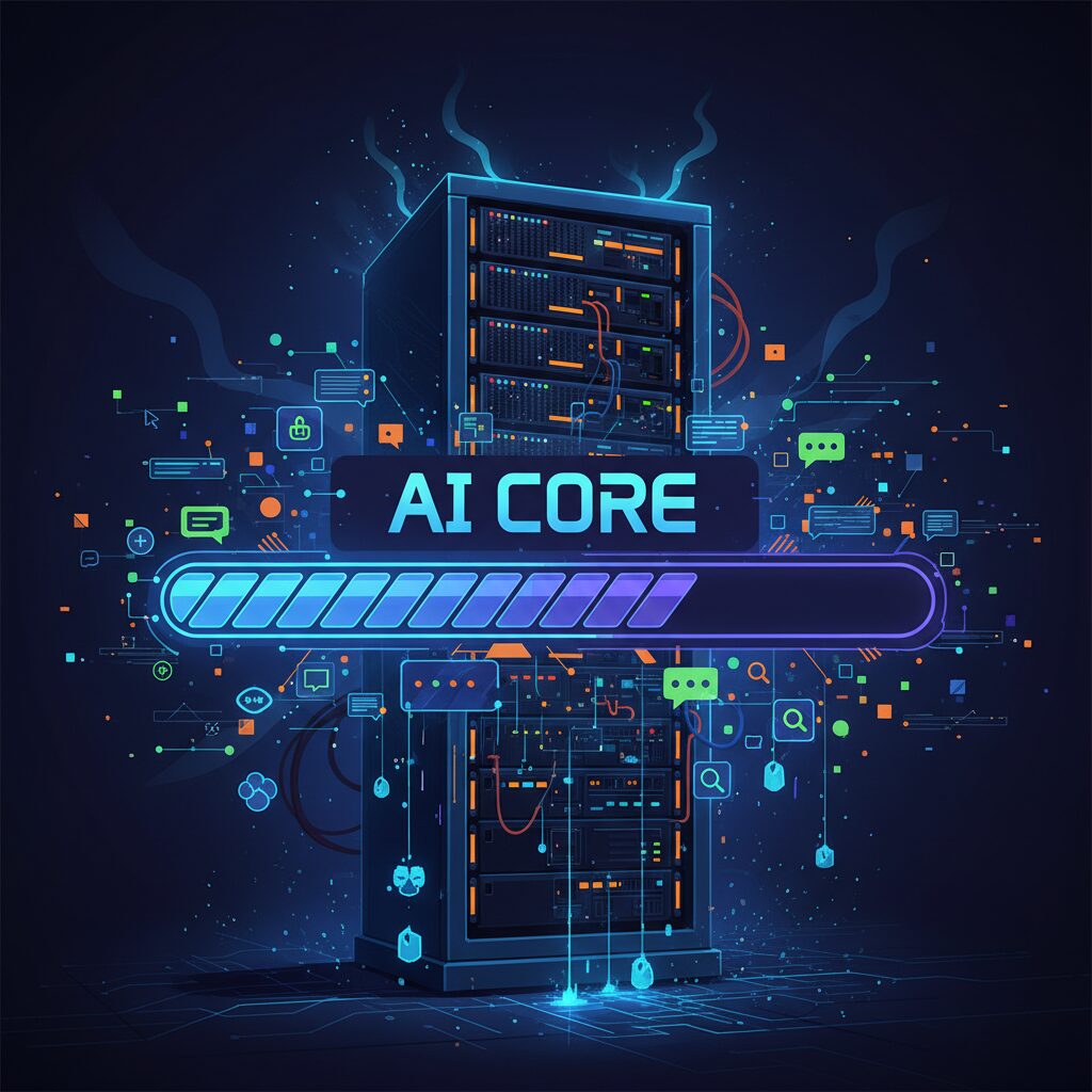 「Gemini 3 Pro」の文字が表示された急速に進むプログレスバーまたはローディング画面。周囲には無数のデジタルリクエストが飛び交い、背景には熱を帯びたサーバーラックが見え、高い需要とサーバー負荷を示している。