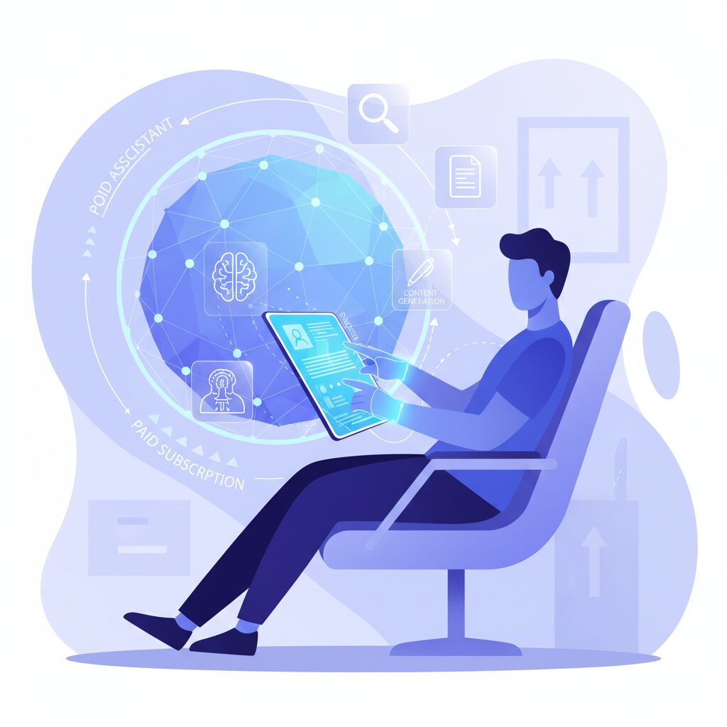 洗練された未来的なタブレットで強力なAIアシスタントとスムーズにやり取りするユーザー。データ分析やコンテンツ生成といった複雑なタスクを難なくこなしており、有料AIサブスクリプションの恩恵を表現している。