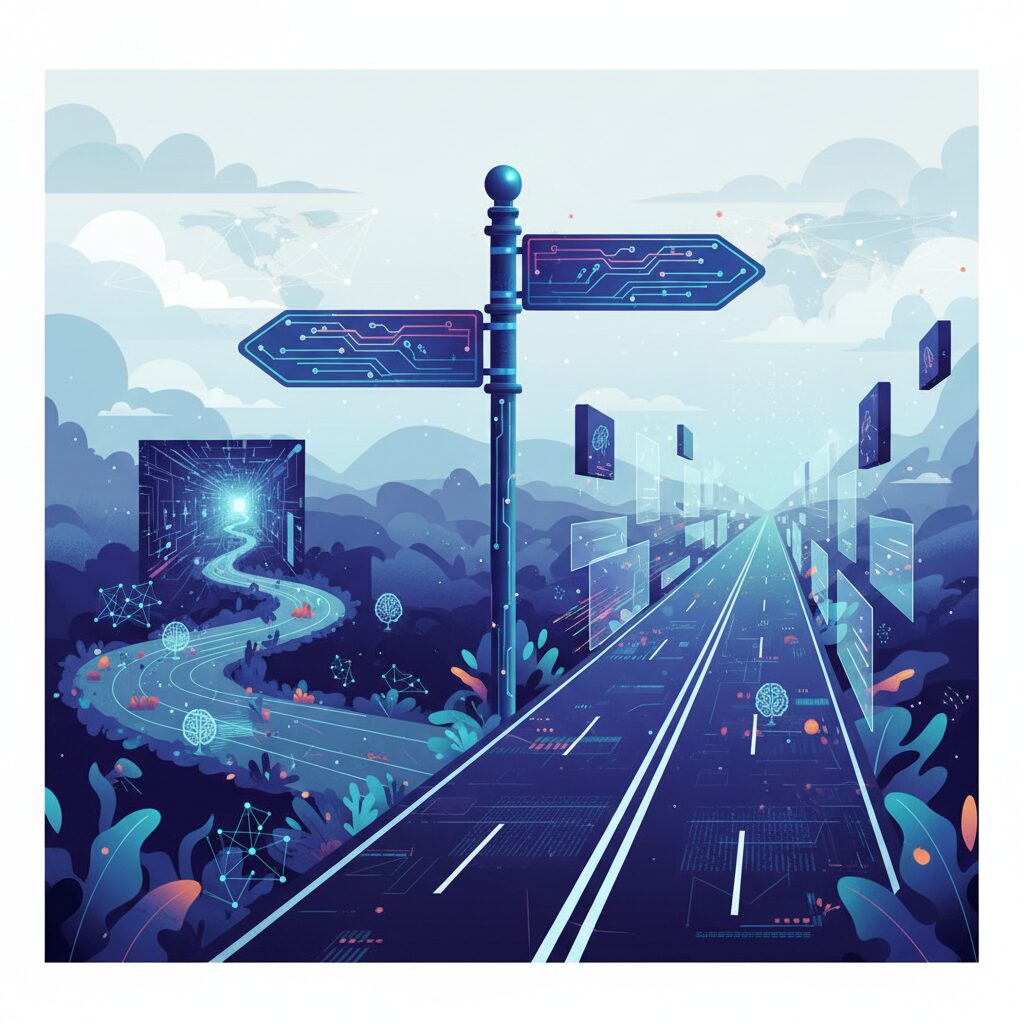 分岐する道路標識。一方の道は「無料版（制限付きアクセス）」と書かれ、細く曲がりくねった道へと続き、もう一方の道は「プレミアム（フルアクセス）」と書かれ、広く開けた高速道路へと続いている。AIをテーマにした要素がさりげなく統合されている。