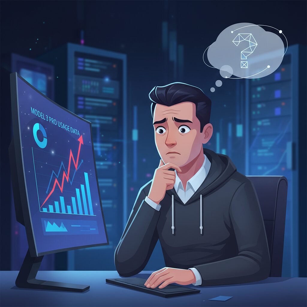 プロのウェブデベロッパーが、心配そうな表情でGemini 3 Proの使用統計が示されたコンピューター画面を見ている。その後、「アップグレード？」という考えの吹き出しが現れ、決断の時を示唆している。