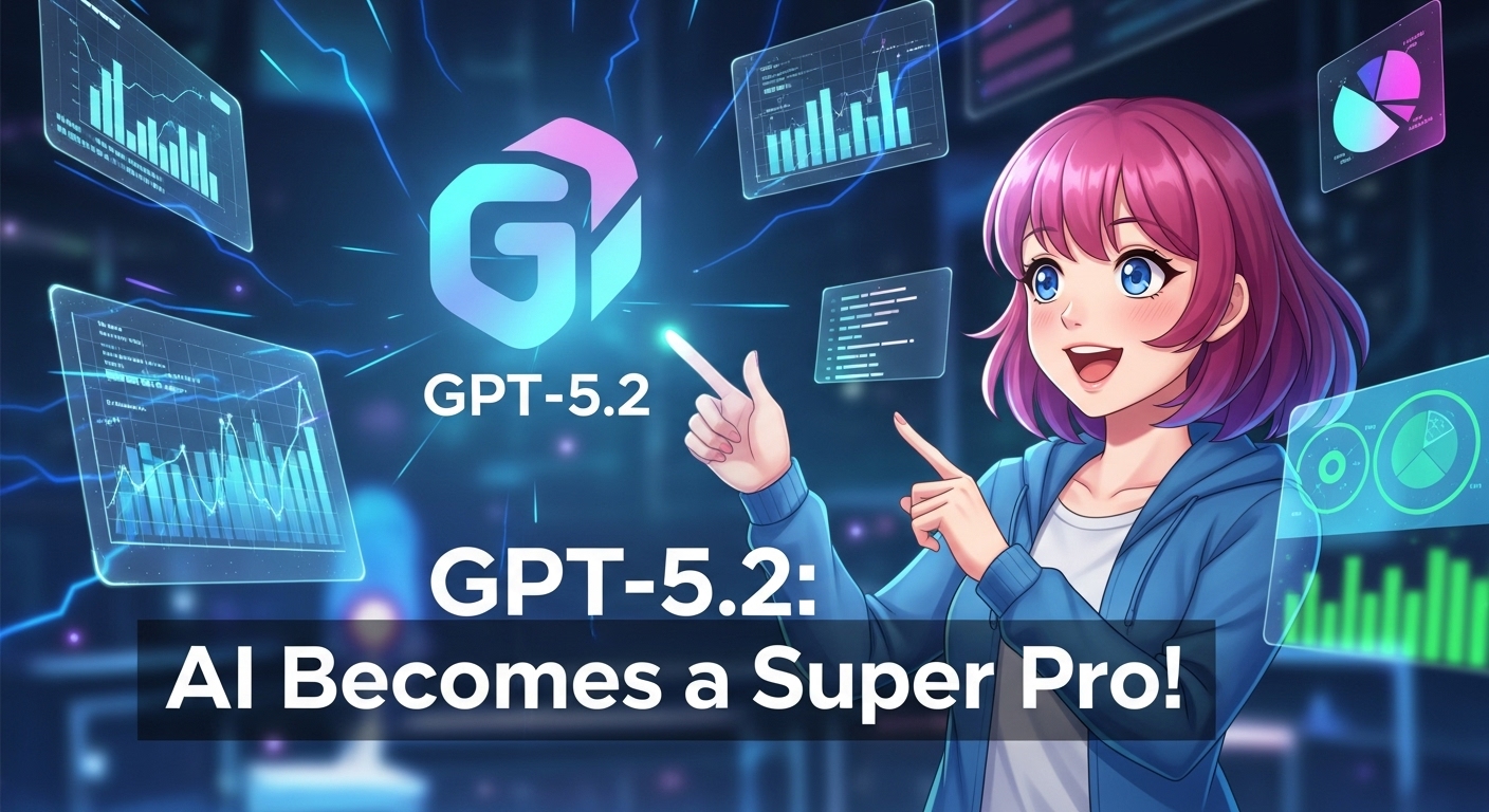 GPT-5.2の登場で、AIが専門家のように賢く、長時間働けるようになった様子を表すイラスト。可愛らしいロボットがパソコンに向かっている。