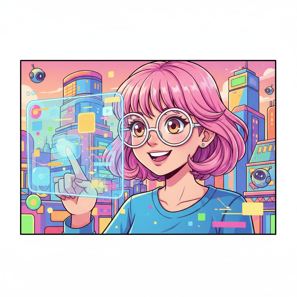 未来的なAIインターフェースとやり取りする可愛いアニメの女の子、明るい色彩、ポップアート風、横長