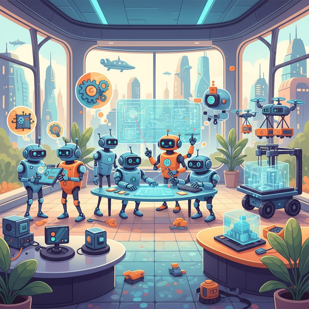 未来のオフィスで複雑なタスクを協力してこなす漫画風ロボットたち、ハッピーで生産的な雰囲気、横長