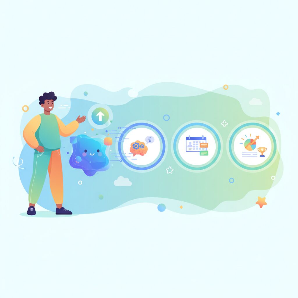 高度なAIアシスタントの助けを借りて、複数のステップからなるタスクを簡単に完了する幸せな人、明るくフレンドリー、横長