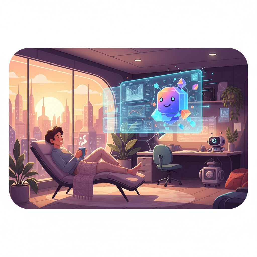 AIエージェントがバックグラウンドで複雑な専門業務を自律的に処理している間、リラックスしている人、居心地が良く未来的な雰囲気、横長