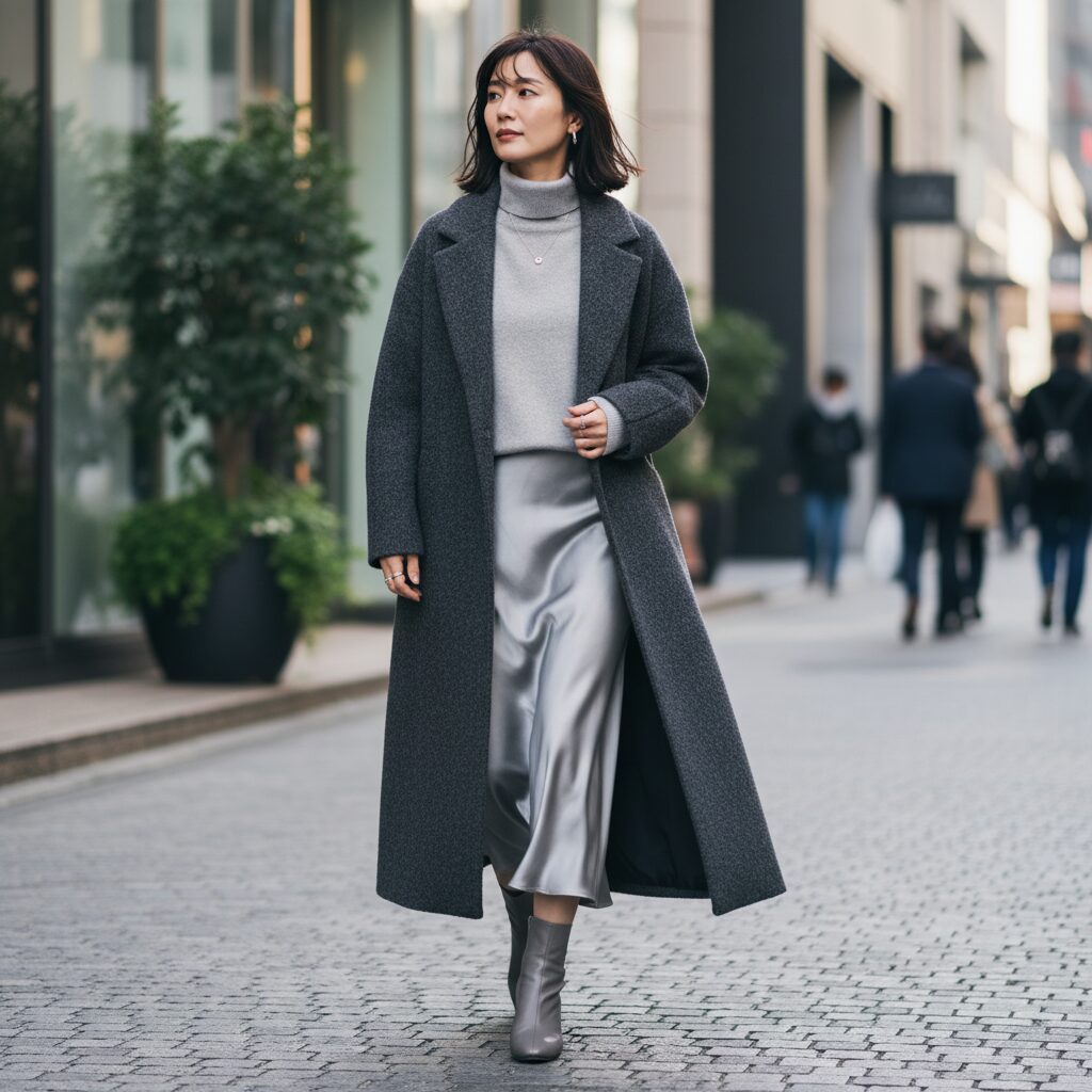 東京のスタイリッシュな街角を歩く30代日本人女性の全身ショット。チャコールグレーのウールオーバーサイズコートの下に、ライトグレーのカシミアタートルネックとシルバーのサテンミディスカートを合わせている。自然光がウールとサテンの質感の対比を際立たせている。