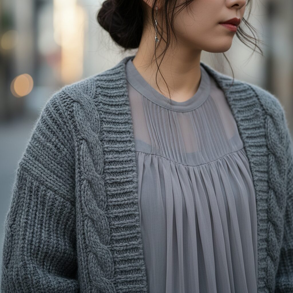 ファッションの質感にフォーカスしたクローズアップショット。グレーのチャンキーニットセーターの下に透け感のあるグレーのシフォンブラウスを重ねている。生地の質感の相互作用に焦点が合っている。