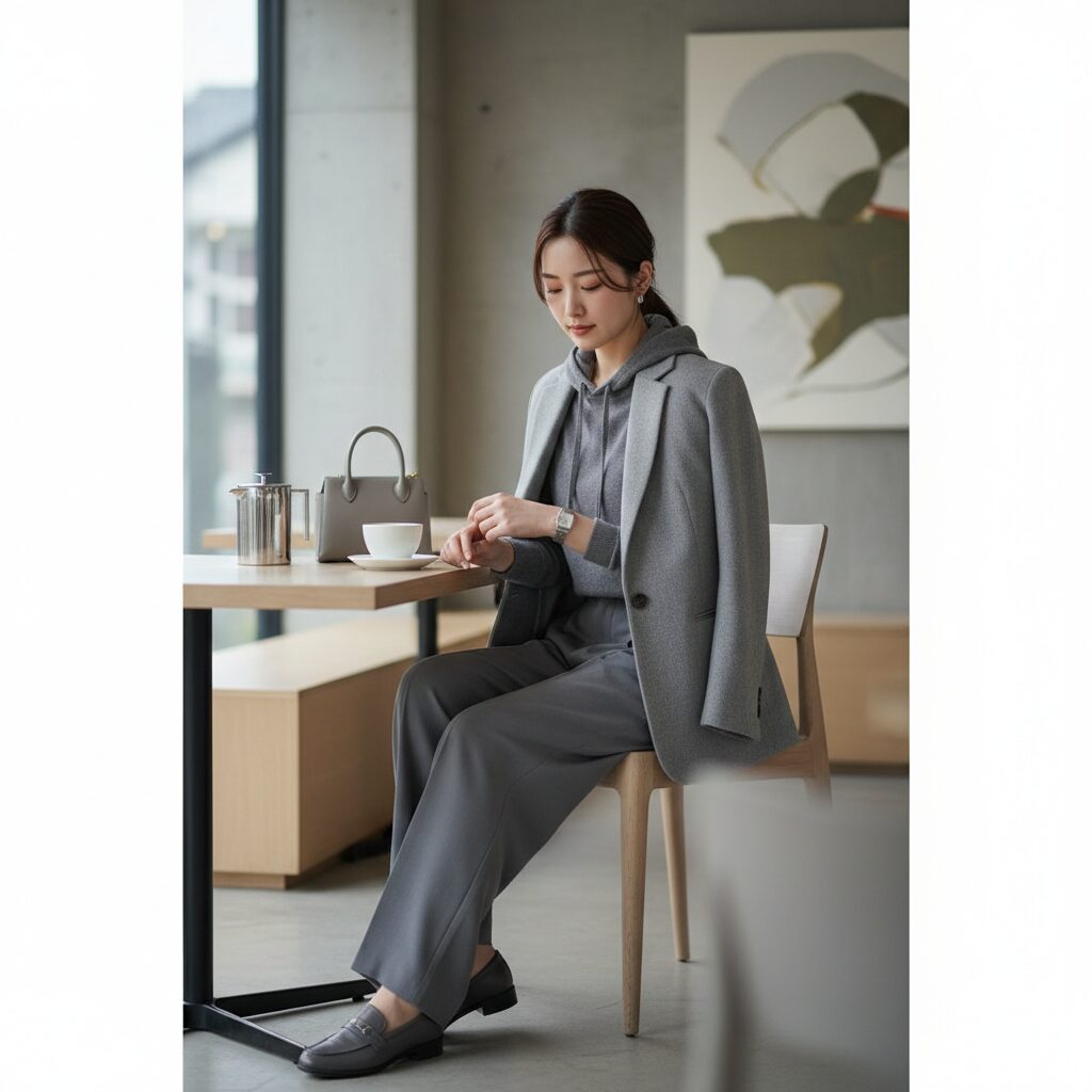 モダンなカフェに座る女性のミディアムショット。「Groufit」スタイルで、グレーのフーディーの上に仕立ての良いグレーのブレザーを合わせている。だらしなくならず、洗練された「クワイエット・ラグジュアリー」な雰囲気。