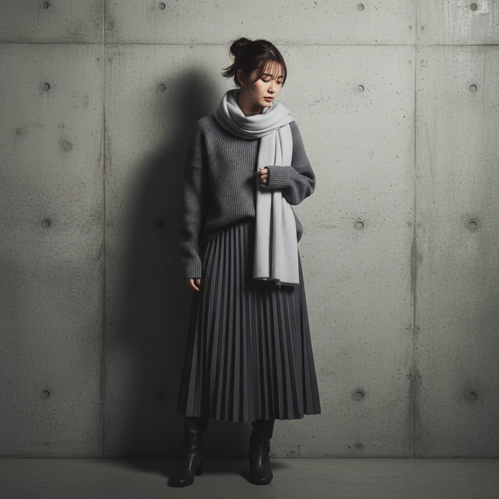 コンクリートの壁を背景にした女性のファッションポートレート。ダークスレートからペールミストまで、グレーのグラデーションを纏っている。統一感のあるモノクロームルックを作り出している。