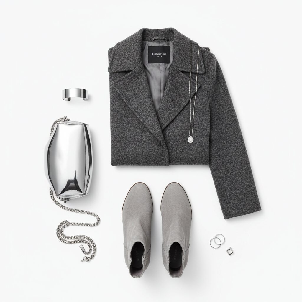 グレーのファッションアイテムを並べたフラットレイ（置き画）構図。グレーのウールコート、シルバーのメタリックバッグ、グレーのスエードブーツ、シルバーのアクセサリー。白背景に整然と配置されている。