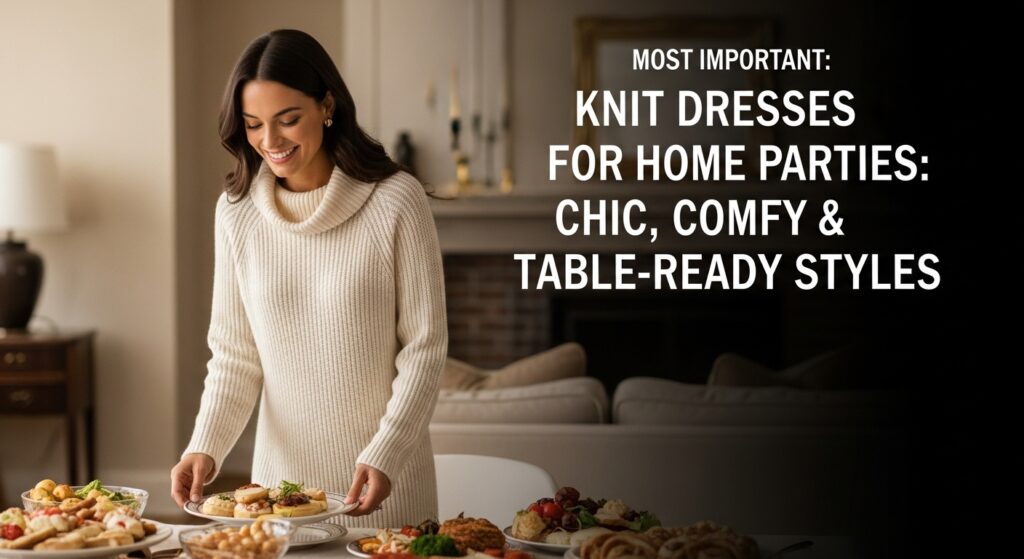 ホームパーティでオードブルの皿を持ち、ゲストに微笑みかける女性。オフホワイトのリブニットワンピースが、室内の暖かい照明に映えている。