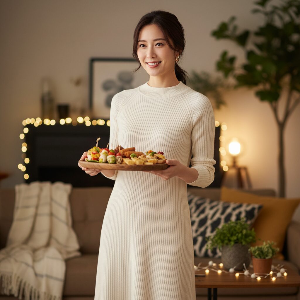 ホームパーティでオードブルの皿を持ち、ゲストに微笑みかける女性。オフホワイトのリブニットワンピースが、室内の暖かい照明に映えている。