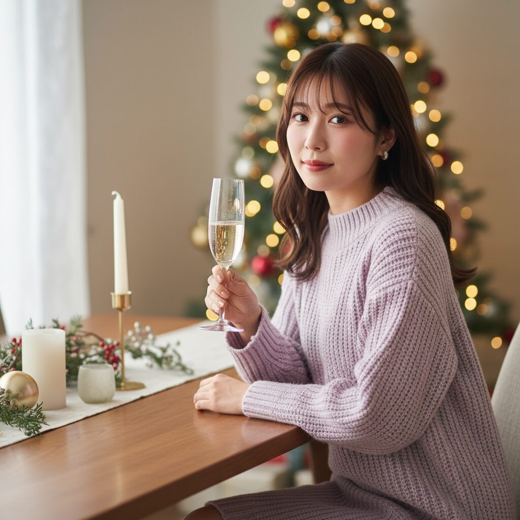 ダイニングテーブルに座り、シャンパングラスを持つ女性のバストアップ。パステルラベンダーのニットが顔色を明るく見せている。背景にはクリスマスの飾りがぼんやりと映る。