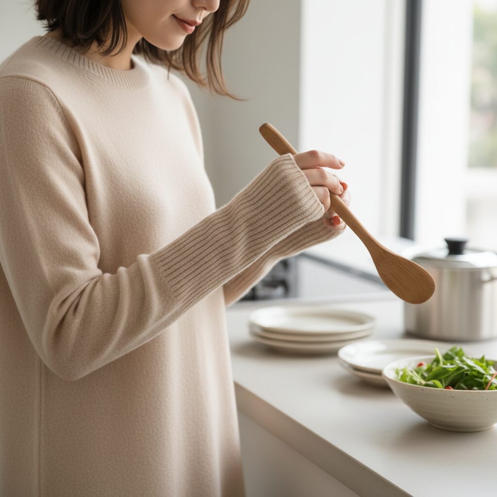 ベージュのニットワンピースの袖元にフォーカスしたショット。料理のサーブや準備のために、リブ仕様の袖口を軽くたくし上げている様子。カシミアのような柔らかな質感が伝わる。