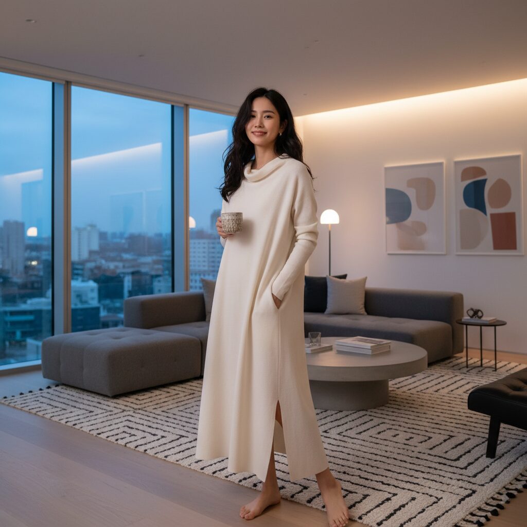 モダンなリビングルームに立つ日本人女性の全身ショット。体のラインを拾いすぎない、リラックスしたAラインのニットワンピースを着用。上品で快適そうな雰囲気。