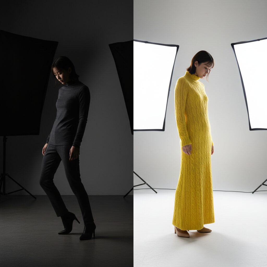 暗い色の服と明るいニットワンピースの比較イメージ。右側の明るい服がレフ板効果で顔を明るく見せている様子を視覚化したコンセプトアート。