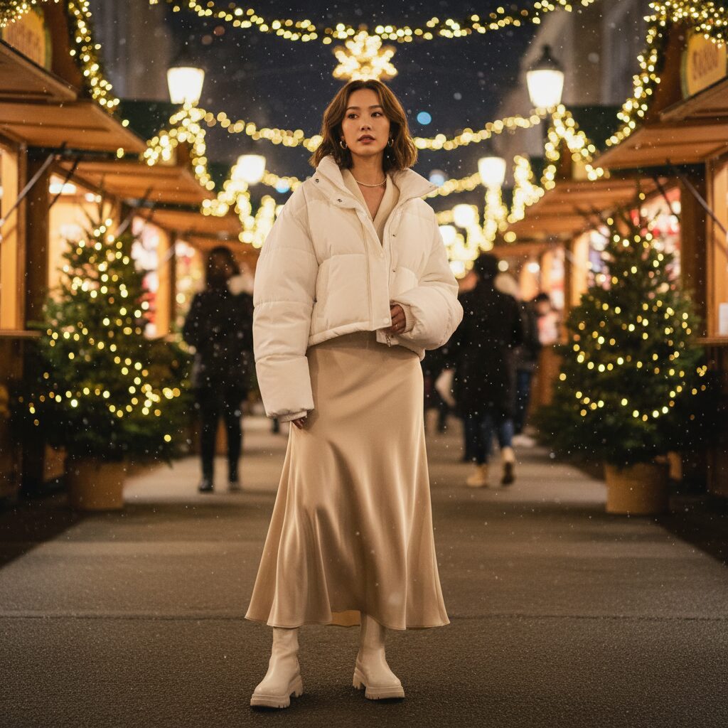 夜のクリスマスマーケットに佇む20代後半の日本人女性。ボリュームのある白いショート丈ダウンジャケットと、流れるようなシャンパンゴールドのサテンスカートを着用している。背景は温かいイルミネーションの光が玉ボケしている。