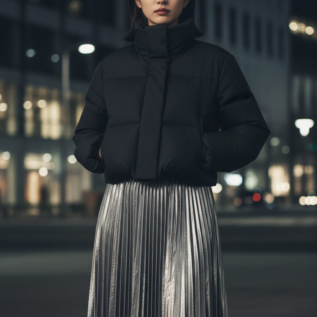 マットな黒のショートダウンと、メタリックシルバーのプリーツスカートの素材感の対比に焦点を当てたクローズアップ。スカートの生地にイルミネーションの柔らかな光が反射している。