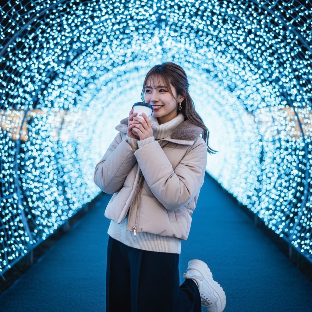 温かい飲み物のカップを両手で持ち、微笑む日本人女性のポートレート。ライトベージュのショートダウンを着用。背景は眩い青のイルミネーションのトンネル。ソフトフォーカスで夢のような雰囲気。