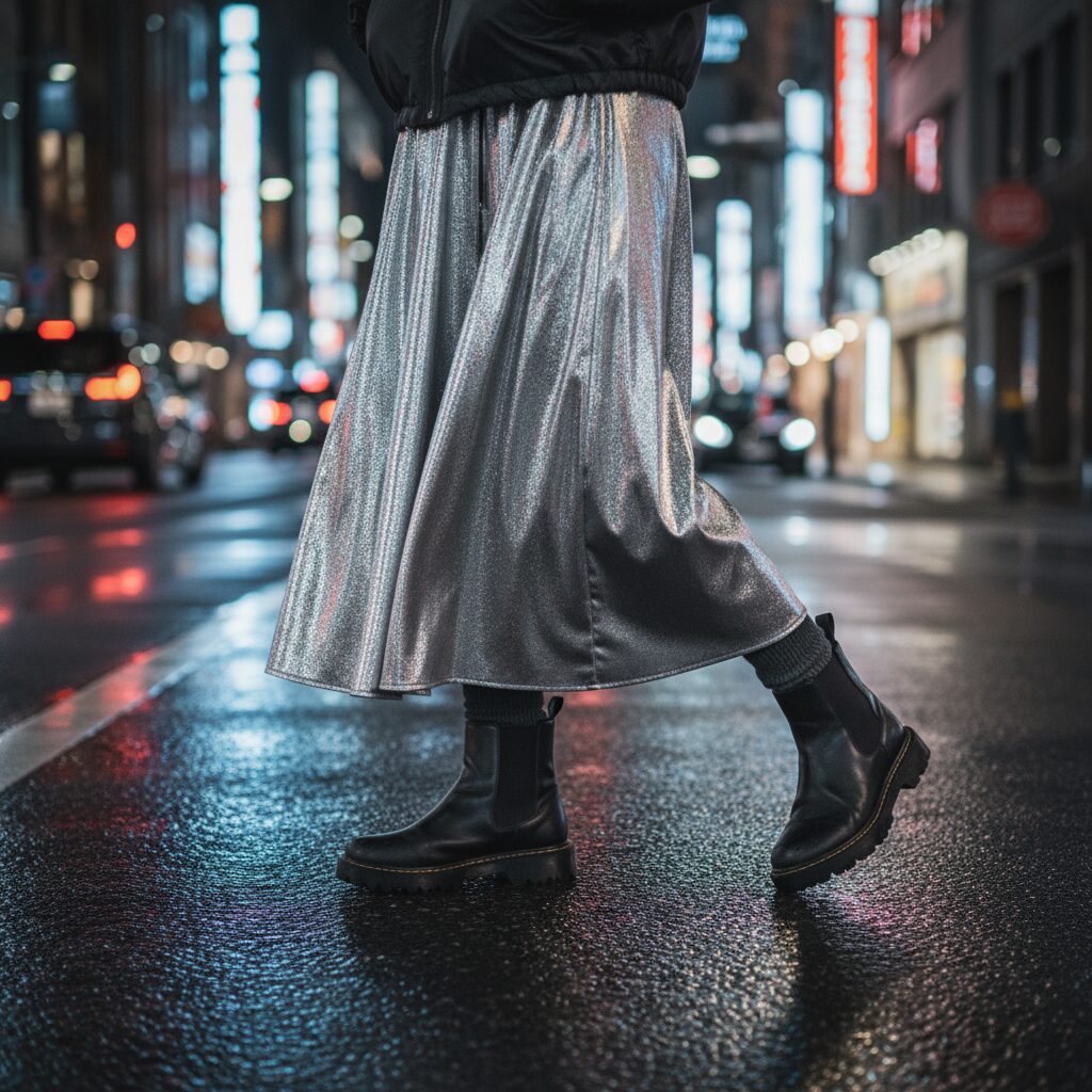 ファッションスタイリングの足元詳細のローアングルショット。艶のあるロングスカートの裾と黒いレザーブーツ。防寒レギンスの素材がわずかに見える。夜の街の路面の反射。