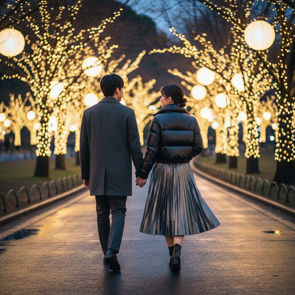 イルミネーションで彩られた木々のある公園を歩き去るカップルのワイドショット。女性はショートダウンと光を受けるスカートを着用している。ロマンチックなムード、後ろ姿、服装のシルエットにピントが合っている。