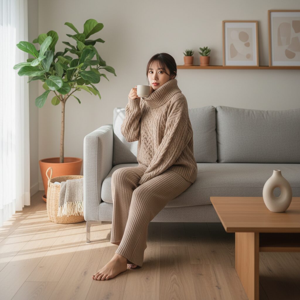 Japandiスタイルの明るいリビングで、ベージュのケーブルニットとリブパンツを着用し、グレーのソファでくつろぐ日本人女性。朝の柔らかな光。