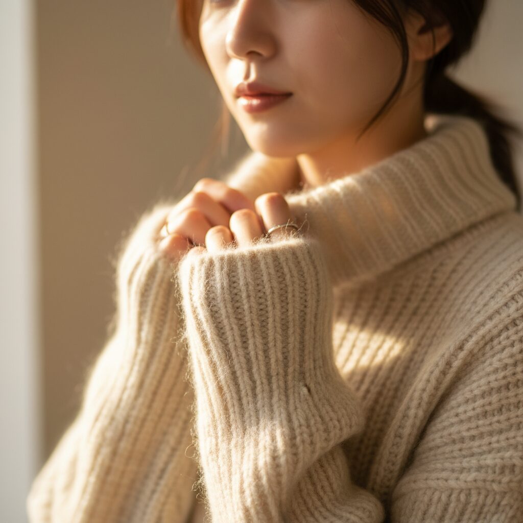 生成り色の上質なウールニットの質感を捉えたクローズアップ。素材の柔らかさと温かみが伝わる、ファッションフォトグラフィースタイル。