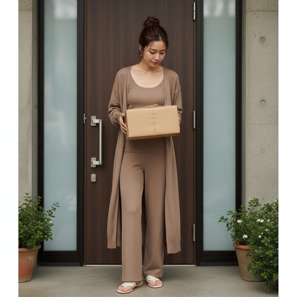 モダンなマンションの玄関先で宅配便を受け取る日本人女性。モカベージュのロングカーディガンを羽織ったルームウェア姿で、そのまま外に出ても違和感のないスタイリング。