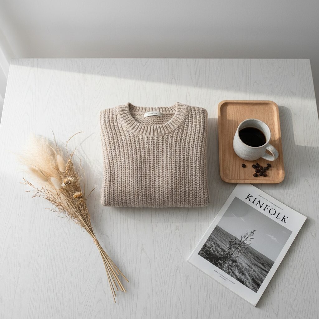 Japandiライフスタイルを象徴する置き画。畳まれたベージュのニット、木製のトレイに乗った陶器のマグカップ、洋雑誌、ドライフラワー。