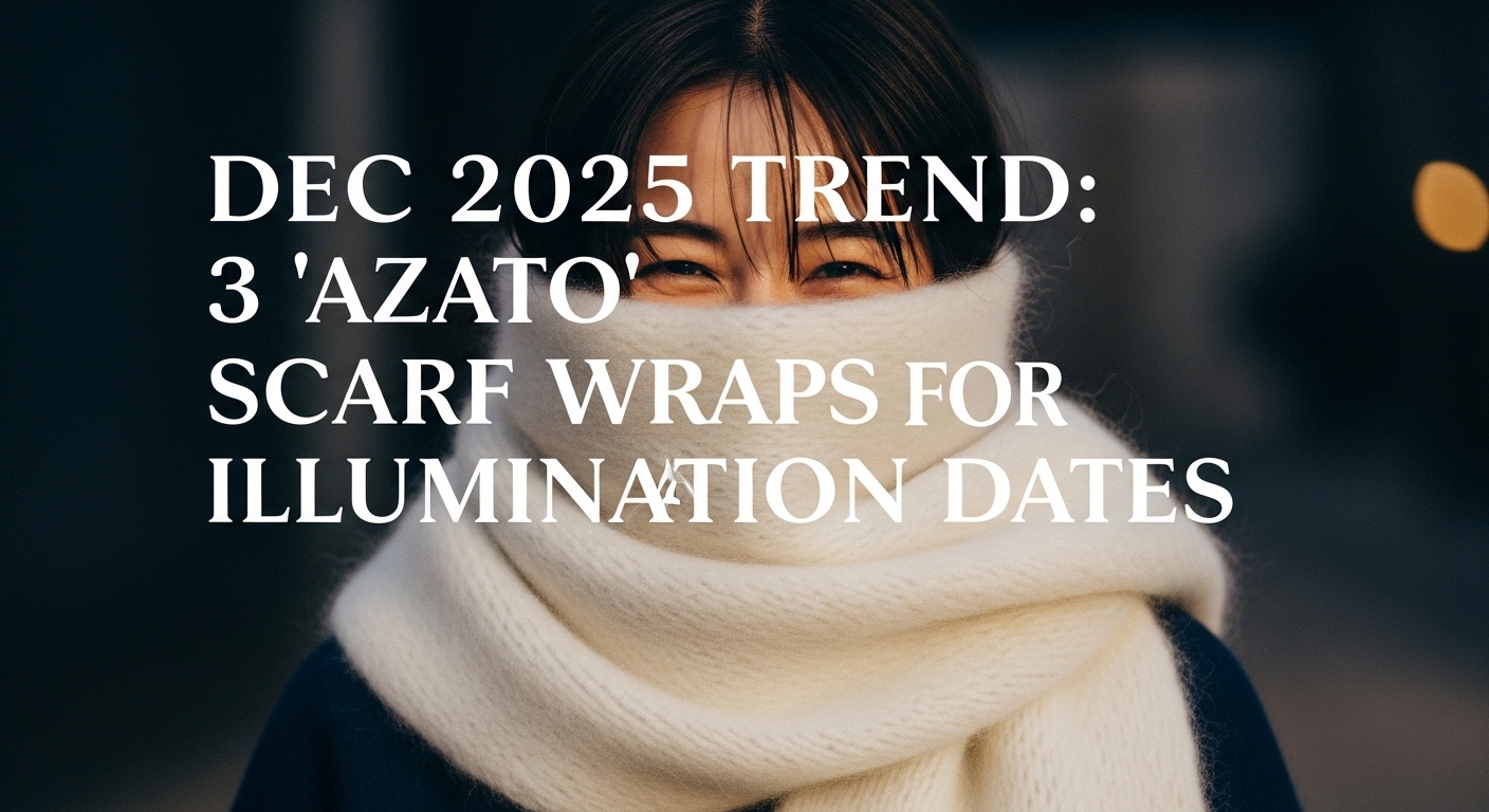 イルミネーションを背景に、白い巨大なモヘアマフラーに顔をうずめて微笑む日本人女性のクローズアップ