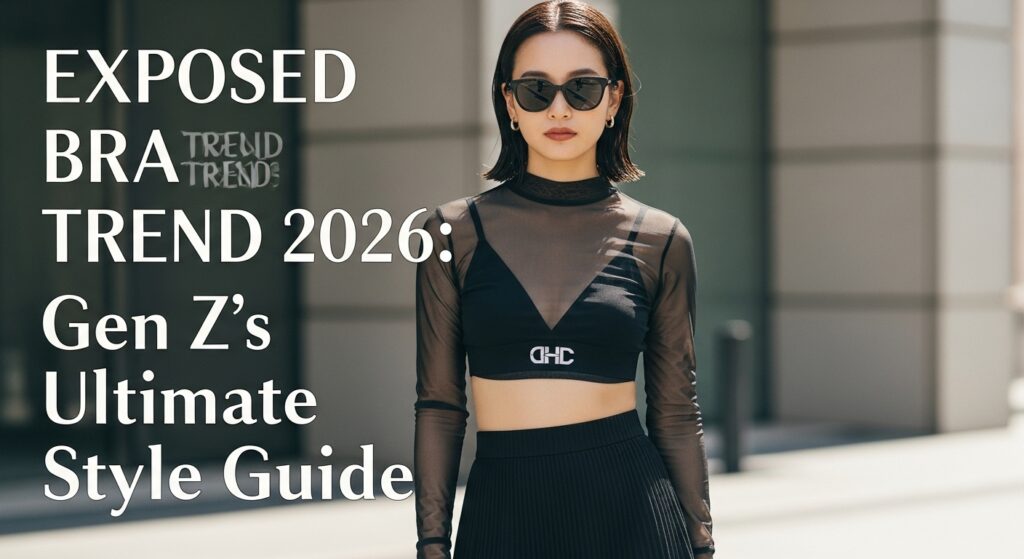 シアー素材のトップスからロゴ入りの見せブラをのぞかせた、20代日本人女性の最旬ストリートファッション