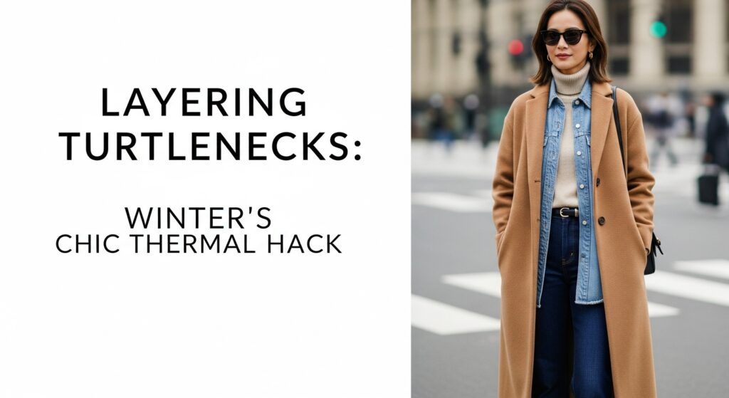 キャメル色のロングコートの中に、エクリュカラーのタートルネックをシャツの下にレイヤードした、洗練された日本人女性の冬のストリートスナップ