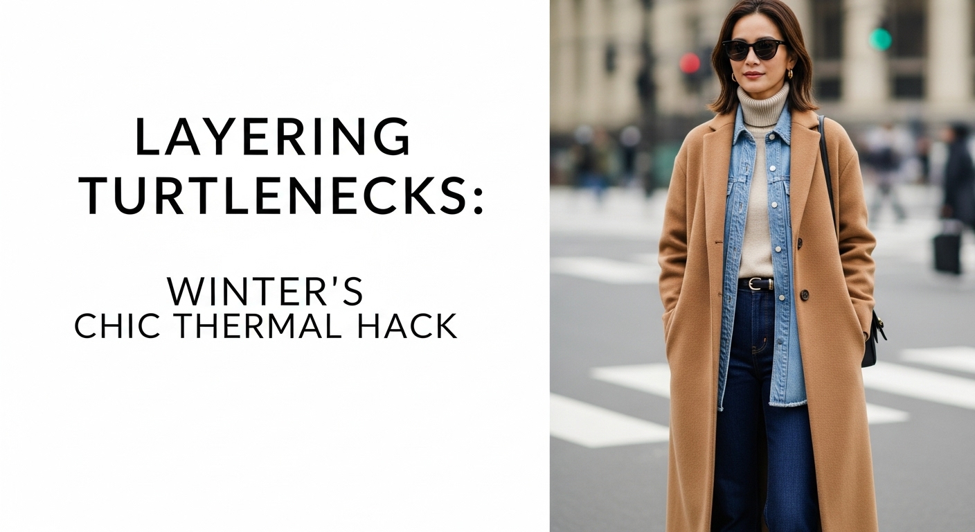 キャメル色のロングコートの中に、エクリュカラーのタートルネックをシャツの下にレイヤードした、洗練された日本人女性の冬のストリートスナップ