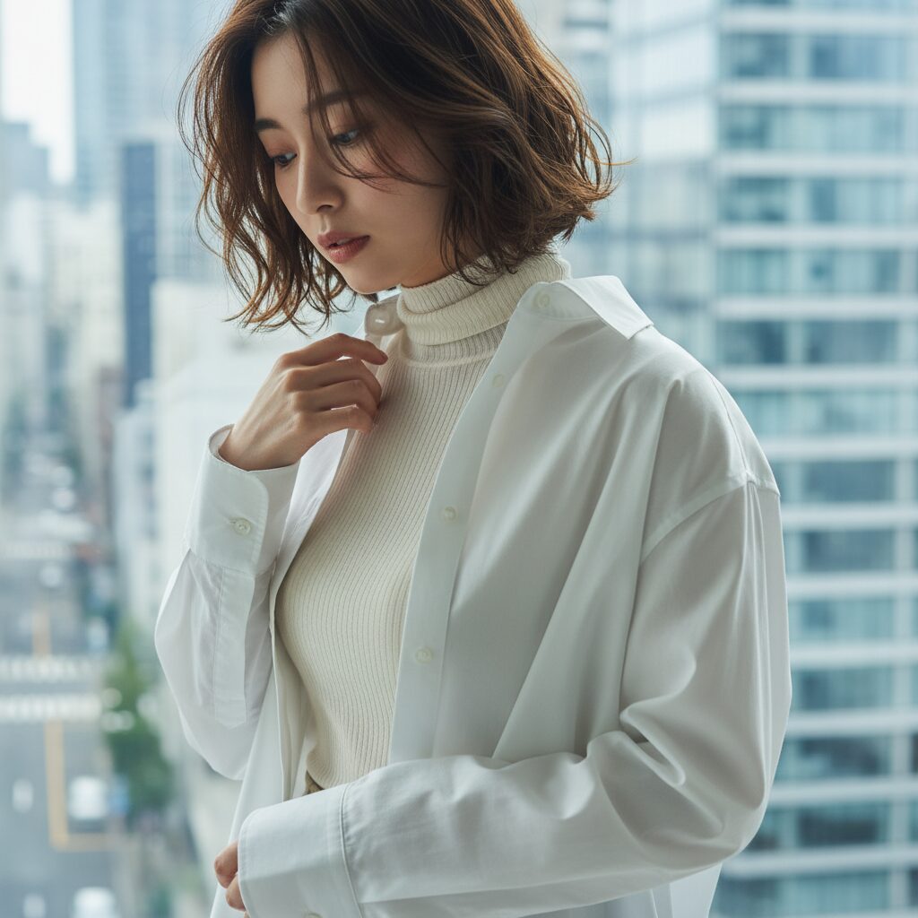 オーバーサイズの白シャツの下に、透け感のあるエクリュカラーのタートルネックを重ね着した日本人女性のバストアップ。ハリのあるコットンと柔らかなインナーの質感の対比。