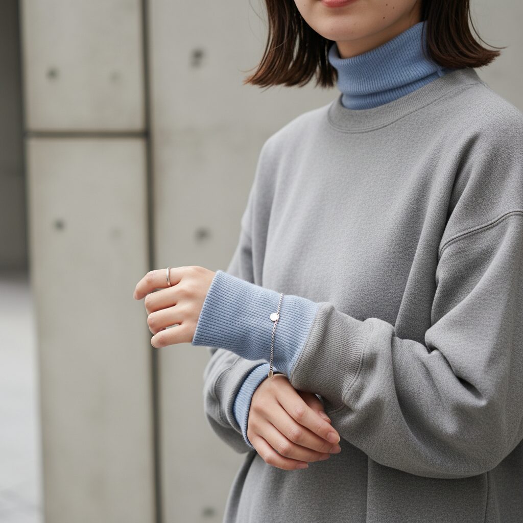 手元のクローズアップ画像。グレーのスウェットの袖を少し捲り上げ、下に着用したペールブルーのリブタートルの袖口を覗かせている様子。ミニマルな構図。
