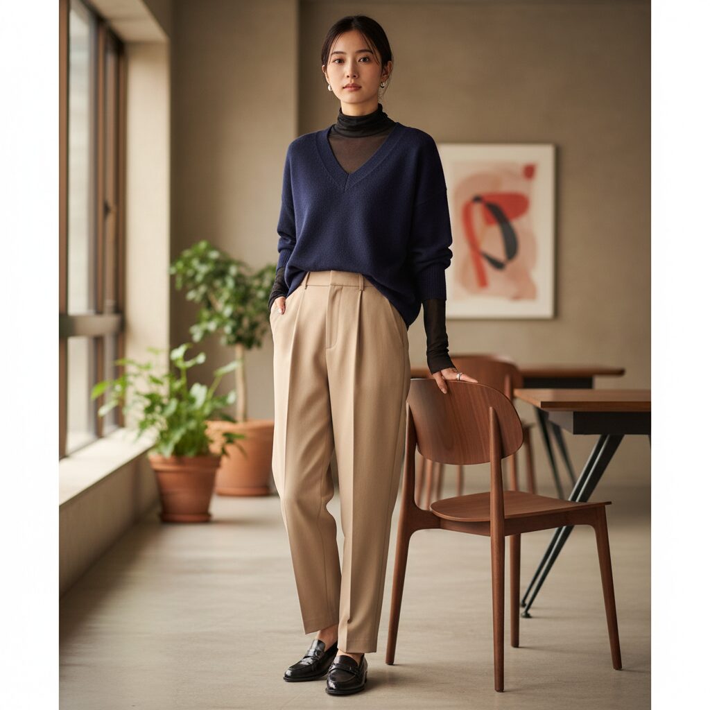 オフィスで働く日本人女性の全身ショット。ネイビーのVネックニットの下に、半透明の黒いタートルネックを合わせ、ベージュのワイドパンツを着用。自信に満ちたポーズ。