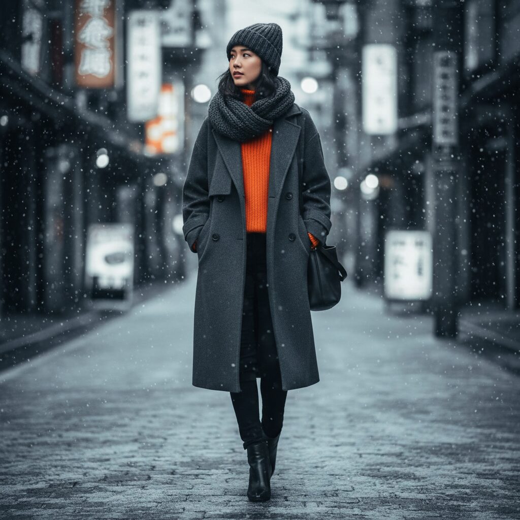 東京の冬の街を歩く女性のシネマティックなショット。厚手のウールコートを着ているが、襟元から鮮やかなオレンジのタートルネックが覗き、モノクロコーデに色を添えている。
