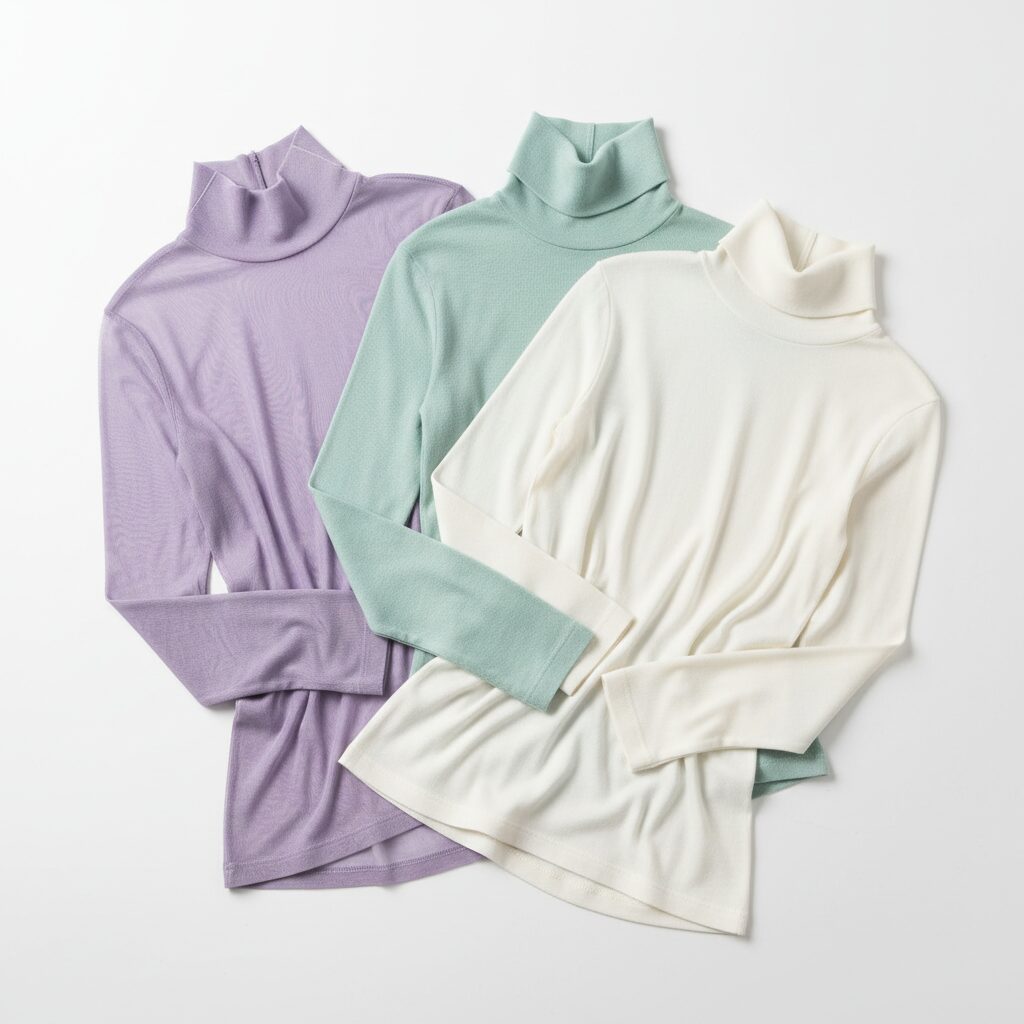 3種類の異なる素材の機能性タートルネックをアーティスティックに並べた置き画。シアーメッシュ、極細ウール、滑らかなレーヨン素材。ラベンダー、ミント、クリームのパステルカラー。