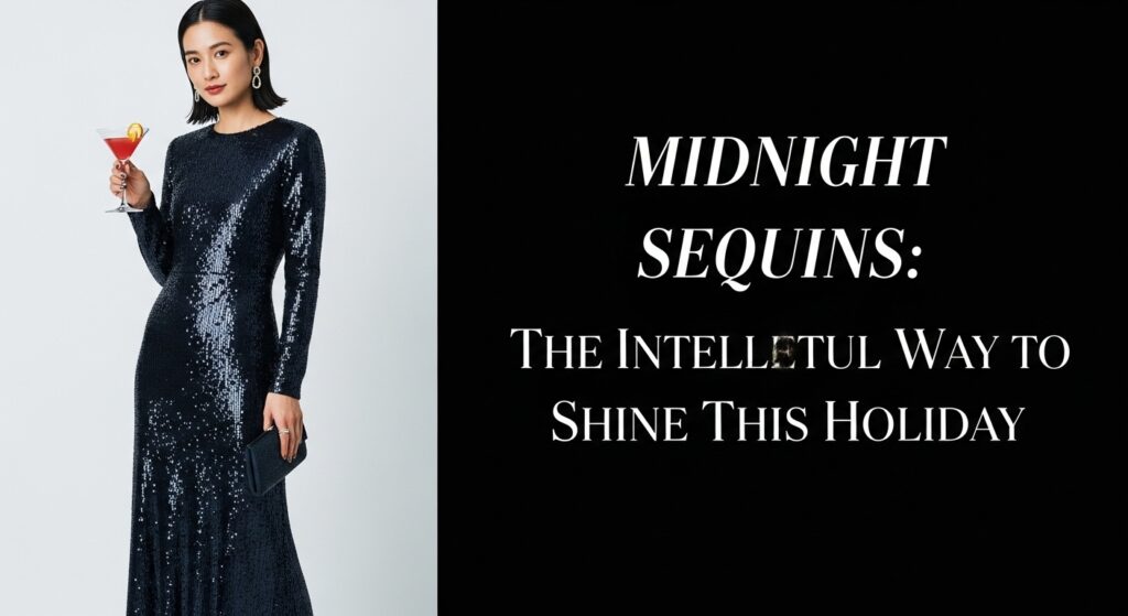 夜の照明に反射して濡れたように輝くダークネイビーのスパンコールロングドレスを着用し、アンニュイな表情でカクテルグラスを持つ30代後半の日本人女性