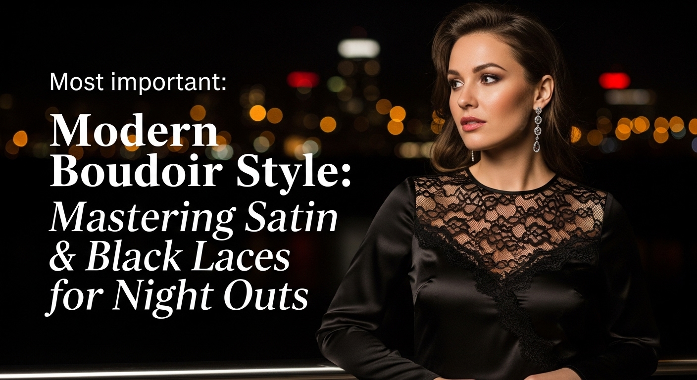 夜の街明かりを背景に、黒のサテンとレースを組み合わせたドレスを着こなす30代女性の洗練されたポートレート