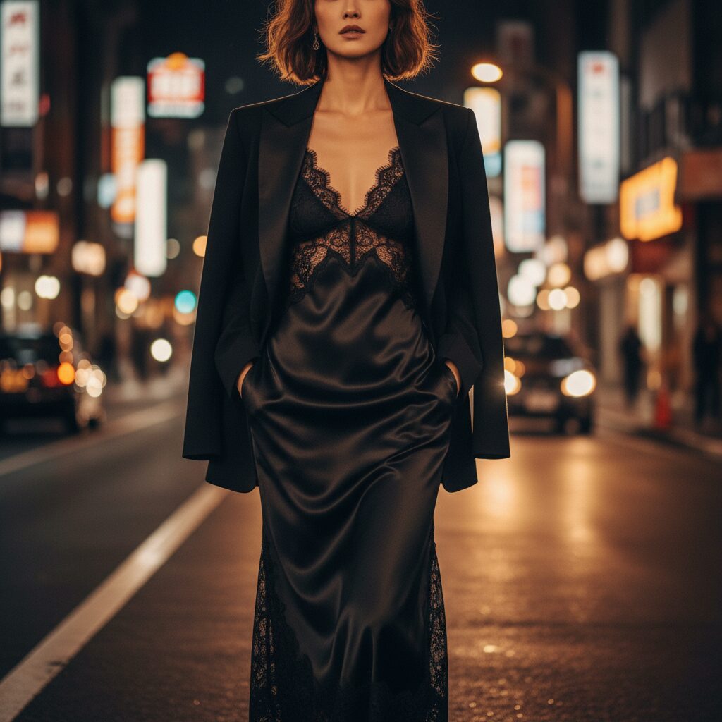 夜の街を歩く30代の日本人女性。黒のシルクサテンスリップドレスに繊細なレースがあしらわれ、肩にはタキシードジャケットを羽織っている。街灯がサテンに反射している。