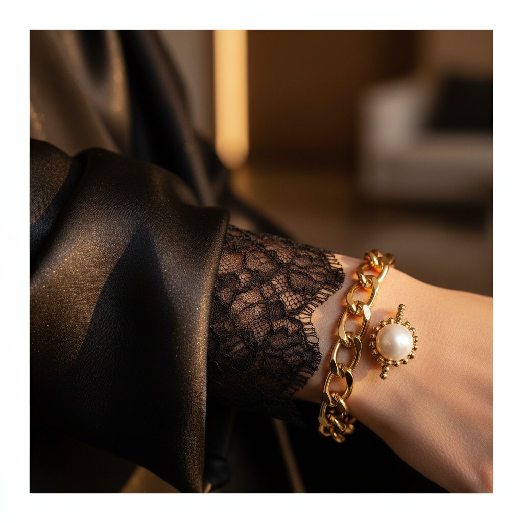 光沢のある黒サテンとマットな黒レースの質感の対比にフォーカスした接写。生地の上にはゴールドのチェーンブレスレットとパールの指輪があり、温かみのある光が質感を際立たせている。