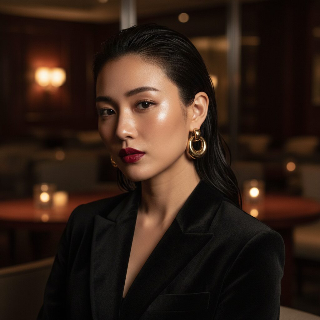 ウェットな質感のヘアスタイルとセンシュアルなメイクをした日本人女性のポートレート。深紅のリップと大ぶりのゴールドイヤリングが特徴的。高級ラウンジのようなムーディーな照明。