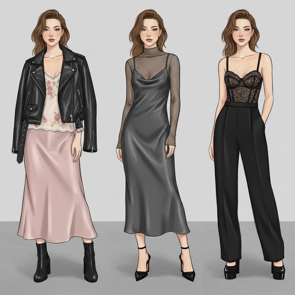 「モダンブドワール」スタイルの3つのバリエーションを示す全身コーディネート図。左はサテンスカートにレザージャケット、中央はスリップドレスのレイヤード、右はレースビスチェとワイドパンツ。