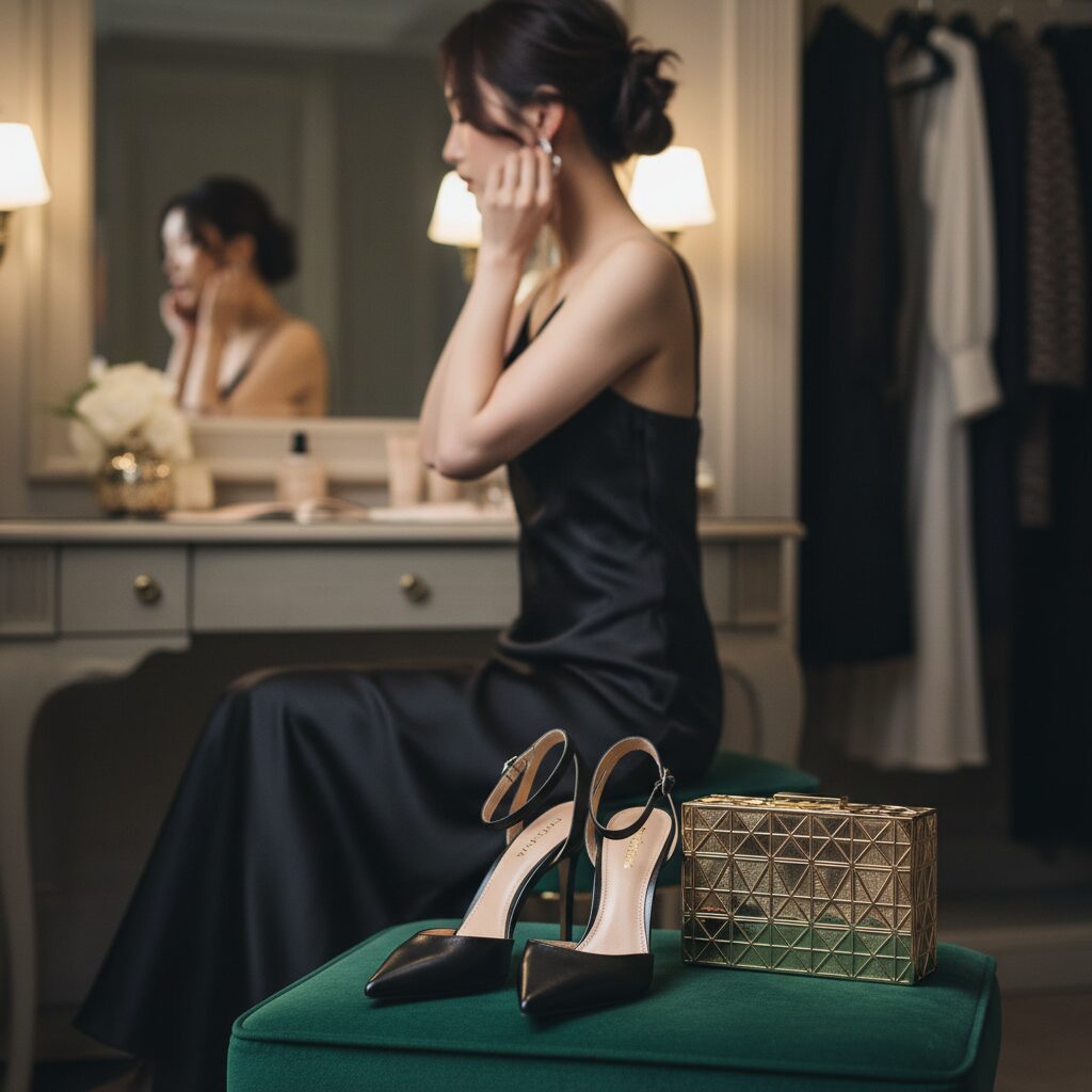ベルベットのスツールに置かれた華奢なストラップヒールとクラッチバッグ。靴はモダンでシャープなデザイン。夜の外出の準備を連想させる構図。