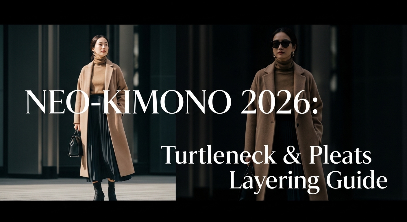 都会的な背景で、ヴィンテージの着物をロングコートのように羽織り、インナーにタートルネックとプリーツスカートを合わせた日本人女性のストリートスナップ。